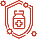 Icono de un escudo con un frasco de medicamentos